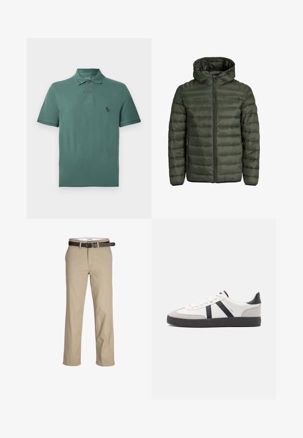 Gevoerde jas in olijfgroen, met een capuchon, volledige ritssluiting en horizontale gestepte structuur. Twee zijzakken. Zwarte rand en manchetten.; Grijze lange mouwen crewneck sweatshirt met "SURPLUS DNM" tekst in zwart gedrukt op de borst en een klein wit label nabij de zoom.; Groene katoenen poloshirt met een kraaglijn, twee knopen en een klein zwart logo op de borst. Korte mouwen en een rechte zoom.; Beige katoenen broek met een rechte snit, voorzien van riemlussen, een bruine leren riem en een klassiek ontwerp. Soepele, stevige textuur.; Witte sneaker met zwarte en grijze accenten, voorzien van een grijze neus met textuur, zwarte rubberen zool en platte witte veters. Schoon ontwerp, minimalistische stijl.