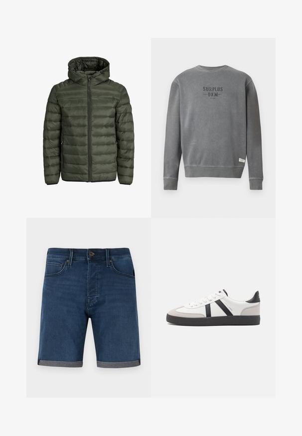 Padded jacket in olive green, featuring a hood, full zip closure, and horizontal quilted texture. Two side pockets. Black hem and cuffs.; Grey long-sleeve crewneck sweatshirt with "SURPLUS DNM" text printed in black on the chest and a small white label near the hem.; Denim shorts in dark blue with a rolled grey hem. Features classic five-pocket design and a button closure at the waist.; White sneaker with black and gray accents, featuring a textured gray toe cap, black rubber sole, and flat white laces. Clean design, minimalist style.