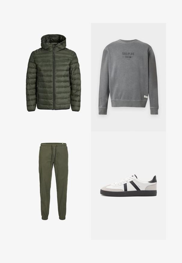 Puchowa kurtka w oliwkowym kolorze, z kapturem, pełnym zapięciem na zamek i poziomą pikowaną teksturą. Dwie boczne kieszenie. Czarna lamówka i mankiety.; Szary długi rękaw crewneck z nadrukiem "SURPLUS DNM" na czole w kolorze czarnym oraz małą białą metką przy dolnym obszyciu.; Oliwkowe spodnie dresowe z elastycznym paskiem w talii, regulacją za pomocą sznurka i zwężanymi mankietami. Wykonane z miękkiej, teksturowanej bawełny.; Białe sneakersy z czarnymi i szarymi akcentami, z teksturowanym szarym czubkiem, czarną gumową podeszwą i płaskimi białymi sznurowadłami. Czysty design, minimalistyczny styl.
