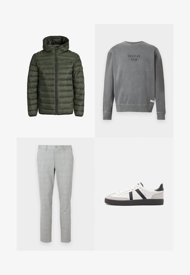 Olivegrüne gepolsterte Jacke mit Kapuze, durchgehendem Reißverschluss und horizontaler Steppoptik. Zwei Seitentaschen. Schwarzer Saum und Bündchen.; Grau langärmliger Crewneck-Sweatshirt mit in Schwarz auf der Brust gedrucktem "SURPLUS DNM"-Text und einem kleinen weißen Etikett nahe dem Saum.; Graue, schlank geschnittene Anzughose aus strukturiertem Material. Verfügt über einen normalen Bund mit Knopfverschluss und seitlichen Taschen.; Weiße Sneaker mit schwarz- und grau-aczenten, ausgestattet mit einer strukturierten grauen Zehenkappe, schwarzer Gummi-Sohle und flachen weißen Schnürsenkeln. Sauberes Design, minimalistische Stil.