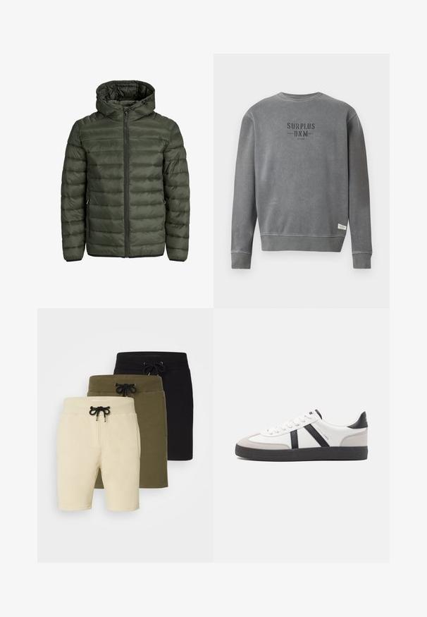 Gevoerde jas in olijfgroen, met een capuchon, volledige ritssluiting en horizontale gestepte structuur. Twee zijzakken. Zwarte rand en manchetten.; Grijze lange mouwen crewneck sweatshirt met "SURPLUS DNM" tekst in zwart gedrukt op de borst en een klein wit label nabij de zoom.; Drie paren shorts in beige, olijfgroen en zwart. Elk heeft een tailleband met trekkoord en zakken, gemaakt van een zachte, rekbare stof.; Witte sneaker met zwarte en grijze accenten, voorzien van een grijze neus met textuur, zwarte rubberen zool en platte witte veters. Schoon ontwerp, minimalistische stijl.