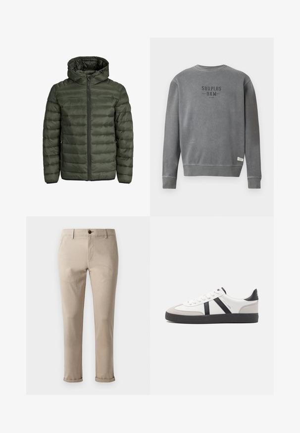 Žalia alyvuogių spalvos pūkinė striukė su kapišonu, pilnu užtrauktuku ir horizontaliu siuvinėtu raštu. Du šoniniai kišeniai. Juodas apvadas ir rankogaliai.; Pilkas ilgomis rankovėmis kreminis megztinis su juoda „SURPLUS DNM“ užrašu ant krūtinės ir maža balta etikete arti apačios.; Jack & Jones STMARCO FURY NOOS - Chino stiliaus kelnės - atmosphere; Balti sportbačiai su juodais ir pilkais akcentais, pasižymintys tekstūruotu pilku pirštų dangteliu, juoda gumine padais ir plokščiomis baltomis raišteliais. Švarus dizainas, minimalistinis stilius.