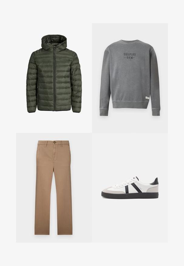 Olīvzaļā spilvenotā jaka ar kapuci, pilnu rāvējslēdzi un horizontālu kviltētu tekstūru. Divas sānu kabatas. Melna apakša un piedurknes.; Pelēks ilgām piedurknēm kreklas ar apvalku, uz kura krūšu daļas melnā krāsā ir uzdrukāts teksts "SURPLUS DNM", un neliela balta birka netālu no hem.; Khaki chinos ar taisnās kājas dizainu, izgatavoti no mīksta kokvilnas auduma, ar vienu pogu aizdari un jostu cilpiņām.; Baltas sneakeris ar melniem un pelēkiem akcentiem, kuram ir teksturēts pelēks purngals, melna gumijas zole un plakanas baltas šņores. Tīrs dizains, minimālisma stils.