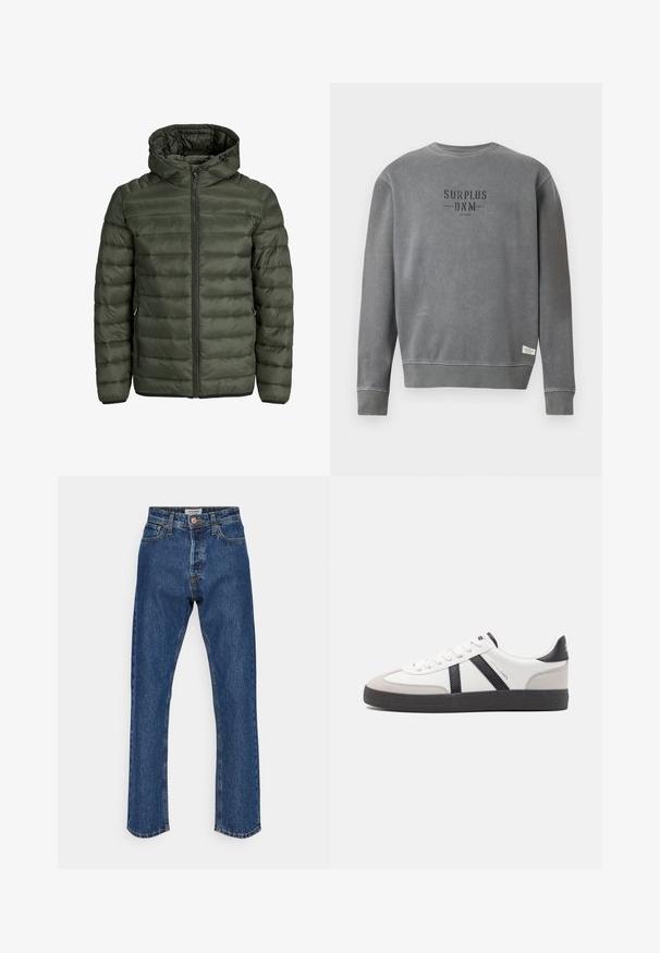 Olíva zöld párnázott kabát, kapucnival, teljes cipzárral és vízszintes steppelt textúrával. Két oldalsó zseb. Fekete szegély és mandzsetta.; Szürke, hosszú ujjú, kerek nyakú pulóver, melyen a "SURPLUS DNM" felirat feketével van nyomtatva a mellrészen, és egy kis fehér címke található a szegés közelében.; Sötétkék farmernadrág magas derékkal és egyenes szárakkal. Gombos záródással, öt zsebbel és kontrasztos varrással rendelkezik.; Fehér sneaker fekete és szürke részletekkel, textúrált szürke orr résszel, fekete gumitalppal és lapos fehér fűzőkkel. Tiszta dizájn, minimalista stílus.
