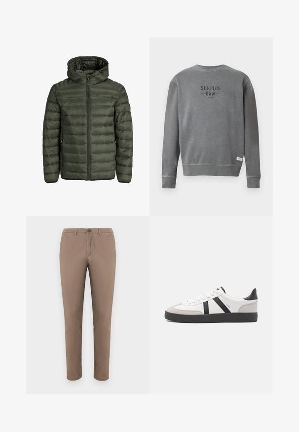 Veste rembourrée en vert olive, avec capuche, fermeture éclair intégrale et texture matelassée horizontale. Deux poches latérales. Ourlet et poignets noirs.; Sweatshirt gris à manches longues avec un col rond, portant le texte "SURPLUS DNM" imprimé en noir sur la poitrine et une petite étiquette blanche près de l'ourlet.; Chino beiges avec une coupe droite, fermeture à bouton, poches avant et arrière, tissu en coton lisse et ourlet soigné. Convient pour une tenue décontractée.; Baskets blanches avec des accents noirs et gris, présentant un embout texturé gris, une semelle en caoutchouc noir et des lacets plats blancs. Design épuré, style minimaliste.