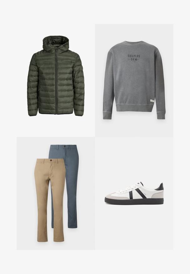 Jachetă căptușită de culoare verde măsliniu, cu glugă, închidere cu fermoar pe întreaga lungime și textură matlasată orizontal. Două buzunare laterale. Margine și manșete negre.; Hanorac gri cu mânecă lungă și guler rotund, cu textul "SURPLUS DNM" imprimat în negru pe piept și o etichetă mică albă aproape de tiv.; Două perechi de pantaloni drepți: una în nuanță khaki și cealaltă în albastru închis. Confeționați din bumbac; caracteristici: talie și închidere cu buton.; Sneaker alb cu accente negre și gri, având un capac de vârf gri texturat, talpă din cauciuc negru și șireturi plate albe. Design elegant, stil minimalist.