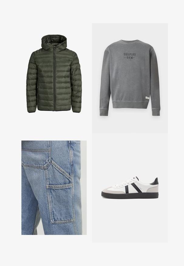 Vaatteet puhallettu takki oliivinvihreänä, jossa on huppu, vetoketju edessä ja vaaka-omenapintainen rakenne. Kaksi sivutaskua. Musta helma ja hihansuut.; Harmaa pitkähihaisuus crewneck-huppari, jossa rintapielessä mustalla printattuna "SURPLUS DNM" -teksti ja pieni valkoinen etiketti helman lähellä.; Vaaleansiniset farkkuhaalarit, joissa on suuri sivutasku, huomaamaton ompelu ja rento istuvuus, jossa on hieman teksturoitu pinta.; Valkoiset lenkkarit mustilla ja harmailla yksityiskohdilla, joissa on teksturoitu harmaa kärki, musta kumipohja ja litteät valkoiset nauhat. Siisti muotoilu, minimalistinen tyyli.