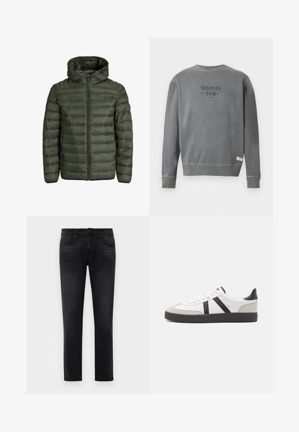 Veste rembourrée en vert olive, avec capuche, fermeture éclair intégrale et texture matelassée horizontale. Deux poches latérales. Ourlet et poignets noirs.; Sweatshirt gris à manches longues avec un col rond, portant le texte "SURPLUS DNM" imprimé en noir sur la poitrine et une petite étiquette blanche près de l'ourlet.; Jean slim noir avec cinq poches, passants de ceinture et fermeture à bouton, posé à plat sur un fond blanc.; Baskets blanches avec des accents noirs et gris, présentant un embout texturé gris, une semelle en caoutchouc noir et des lacets plats blancs. Design épuré, style minimaliste.