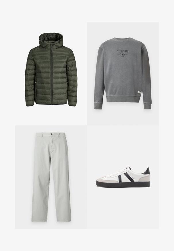 Olivegrüne gepolsterte Jacke mit Kapuze, durchgehendem Reißverschluss und horizontaler Steppoptik. Zwei Seitentaschen. Schwarzer Saum und Bündchen.; Grau langärmliger Crewneck-Sweatshirt mit in Schwarz auf der Brust gedrucktem "SURPLUS DNM"-Text und einem kleinen weißen Etikett nahe dem Saum.; Hellgraue, gerade geschnittene Hose aus einem glatten, gewebten Stoff. Mit einem Frontknopfverschluss und seitlichen Taschen. Minimalistischer Stil.; Weiße Sneaker mit schwarz- und grau-aczenten, ausgestattet mit einer strukturierten grauen Zehenkappe, schwarzer Gummi-Sohle und flachen weißen Schnürsenkeln. Sauberes Design, minimalistische Stil.