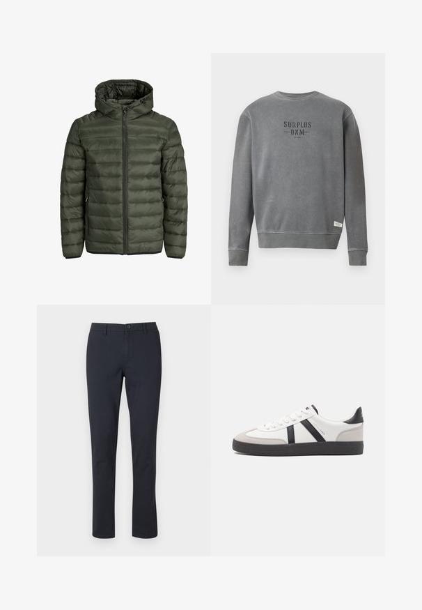 Veste rembourrée en vert olive, avec capuche, fermeture éclair intégrale et texture matelassée horizontale. Deux poches latérales. Ourlet et poignets noirs.; Sweatshirt gris à manches longues avec un col rond, portant le texte "SURPLUS DNM" imprimé en noir sur la poitrine et une petite étiquette blanche près de l'ourlet.; Pantalons en coton noirs avec une coupe droite, une fermeture à bouton et des poches latérales ; texture lisse et sans motifs visibles.; Baskets blanches avec des accents noirs et gris, présentant un embout texturé gris, une semelle en caoutchouc noir et des lacets plats blancs. Design épuré, style minimaliste.