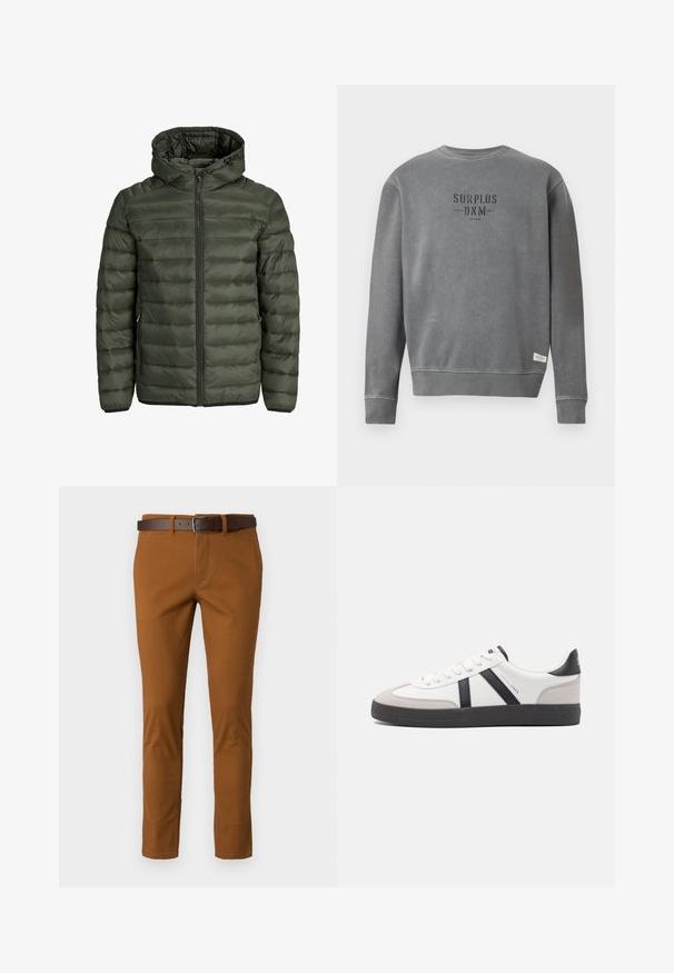 Gevoerde jas in olijfgroen, met een capuchon, volledige ritssluiting en horizontale gestepte structuur. Twee zijzakken. Zwarte rand en manchetten.; Grijze lange mouwen crewneck sweatshirt met "SURPLUS DNM" tekst in zwart gedrukt op de borst en een klein wit label nabij de zoom.; Bruine katoenen broek met een slim fit, voorzien van een bruine leren riem en subtiele stikdetails. Glad materiaal en op maat gemaakte vorm.; Witte sneaker met zwarte en grijze accenten, voorzien van een grijze neus met textuur, zwarte rubberen zool en platte witte veters. Schoon ontwerp, minimalistische stijl.