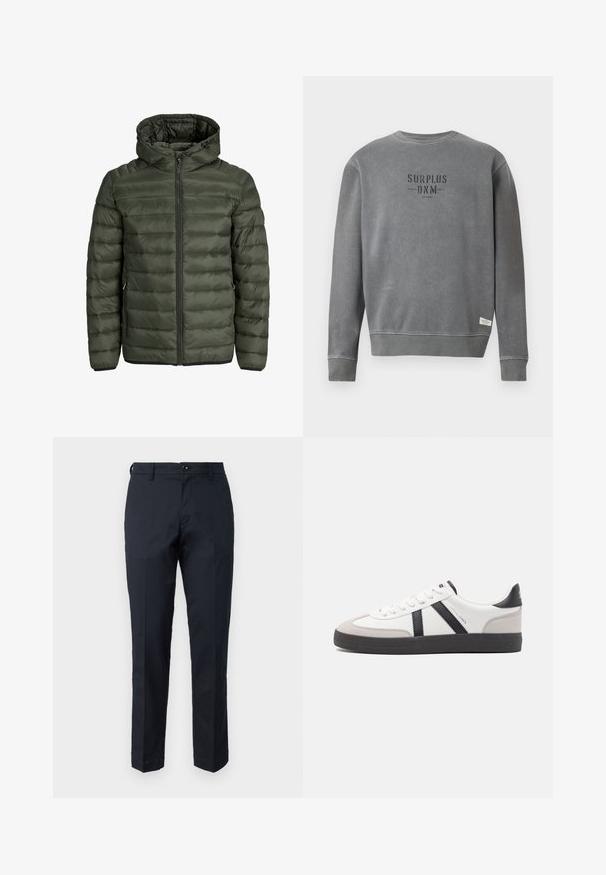 Padded jacket in olive green, featuring a hood, full zip closure, and horizontal quilted texture. Two side pockets. Black hem and cuffs.; Grey long-sleeve crewneck sweatshirt with "SURPLUS DNM" text printed in black on the chest and a small white label near the hem.; Navy blue trousers made of cotton with a straight leg design, front pockets, and a button closure. Smooth texture, no visible patterns.; White sneaker with black and gray accents, featuring a textured gray toe cap, black rubber sole, and flat white laces. Clean design, minimalist style.