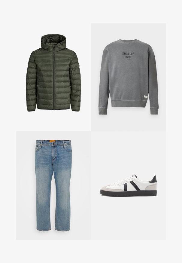 Žalia alyvuogių spalvos pūkinė striukė su kapišonu, pilnu užtrauktuku ir horizontaliu siuvinėtu raštu. Du šoniniai kišeniai. Juodas apvadas ir rankogaliai.; Pilkas ilgomis rankovėmis kreminis megztinis su juoda „SURPLUS DNM“ užrašu ant krūtinės ir maža balta etikete arti apačios.; Šviesiai mėlyni džinsai tiesaus kirpimo, turintys penkias kišenes, mygtukų užsegimą ir oranžinį prekės ženklą ant juosmens.; Balti sportbačiai su juodais ir pilkais akcentais, pasižymintys tekstūruotu pilku pirštų dangteliu, juoda gumine padais ir plokščiomis baltomis raišteliais. Švarus dizainas, minimalistinis stilius.