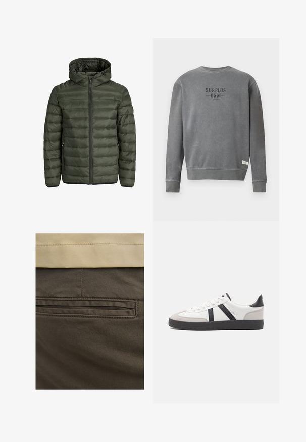 Padded jacket in olive green, featuring a hood, full zip closure, and horizontal quilted texture. Two side pockets. Black hem and cuffs.; Grey long-sleeve crewneck sweatshirt with "SURPLUS DNM" text printed in black on the chest and a small white label near the hem.; Brown cotton pants with a visible back pocket feature, accented by subtle stitching and a smooth texture. The waistband is a contrasting beige.; White sneaker with black and gray accents, featuring a textured gray toe cap, black rubber sole, and flat white laces. Clean design, minimalist style.