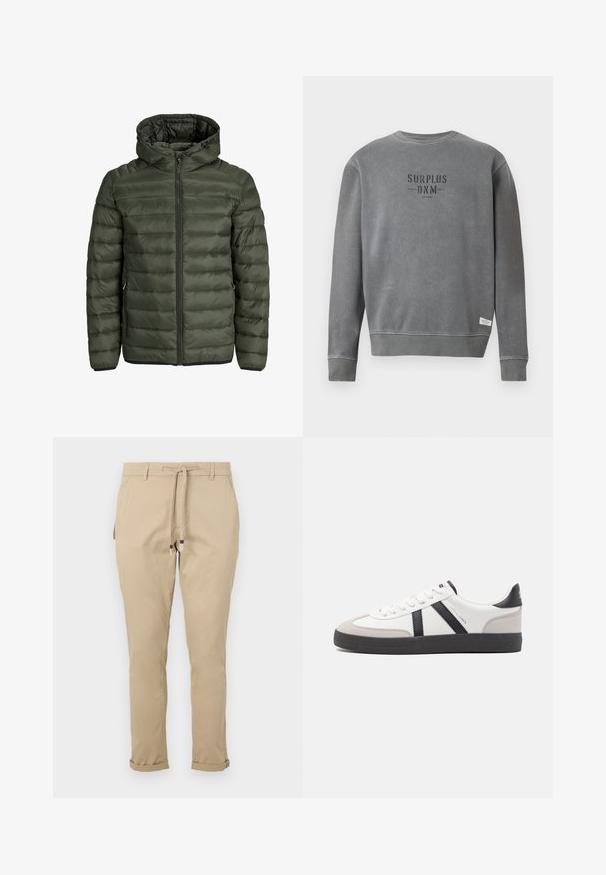 Olivegrüne gepolsterte Jacke mit Kapuze, durchgehendem Reißverschluss und horizontaler Steppoptik. Zwei Seitentaschen. Schwarzer Saum und Bündchen.; Grau langärmliger Crewneck-Sweatshirt mit in Schwarz auf der Brust gedrucktem "SURPLUS DNM"-Text und einem kleinen weißen Etikett nahe dem Saum.; Beige Schlafanzughosen mit tapered Schnitt, seitlichen Taschen und umgeschlagenen Säumen für ein elegantes Design. Hergestellt aus leichtem Stoff.; Weiße Sneaker mit schwarz- und grau-aczenten, ausgestattet mit einer strukturierten grauen Zehenkappe, schwarzer Gummi-Sohle und flachen weißen Schnürsenkeln. Sauberes Design, minimalistische Stil.