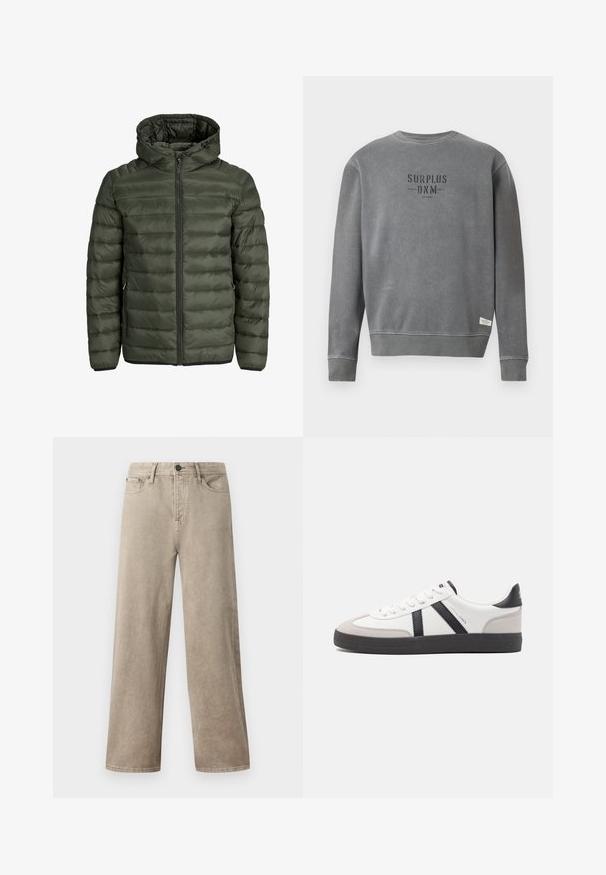 Giubbotto imbottito verde oliva, dotato di cappuccio, chiusura con zip intera e texture trapuntata orizzontale. Due tasche laterali. Orlo e polsini neri.; Felpa grigia a maniche lunghe con collo rotondo, con la scritta "SURPLUS DNM" stampata in nero sul petto e un piccolo etichetta bianca vicino all'orlo.; Pantaloni a gamba larga beige chiaro esposti su uno sfondo bianco semplice, con tasche frontali e chiusura a bottone in vita.; Sneaker bianco con accenti neri e grigi, dotata di una punta grigia testurizzata, suola in gomma nera e lacci bianchi piatti. Design pulito, stile minimalista.