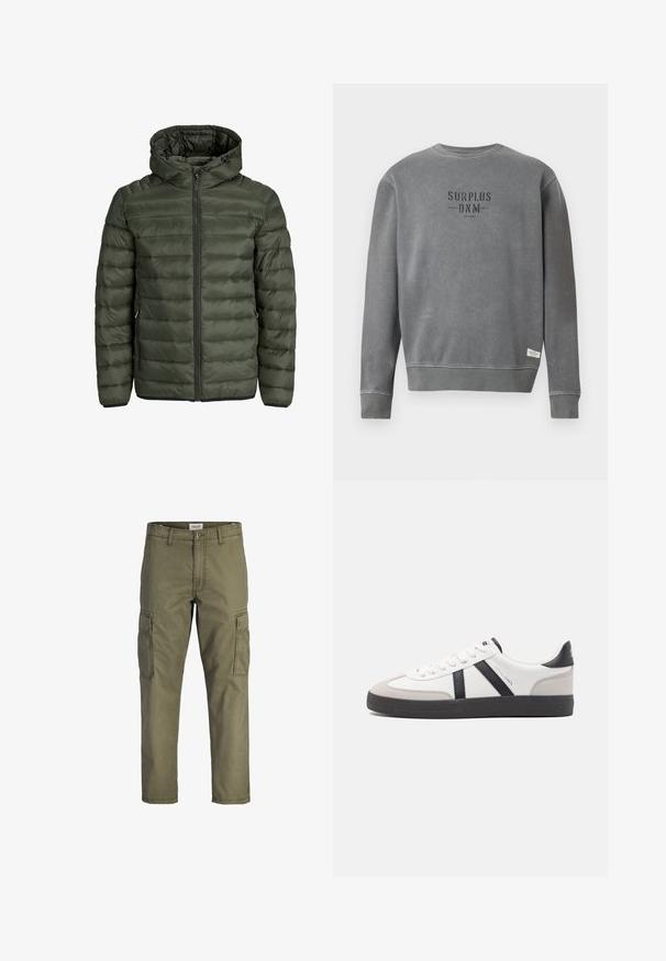 Olivegrüne gepolsterte Jacke mit Kapuze, durchgehendem Reißverschluss und horizontaler Steppoptik. Zwei Seitentaschen. Schwarzer Saum und Bündchen.; Grau langärmliger Crewneck-Sweatshirt mit in Schwarz auf der Brust gedrucktem "SURPLUS DNM"-Text und einem kleinen weißen Etikett nahe dem Saum.; Olivgrüne Cargo-Hosen aus Baumwollstoff, mit Seitentaschen, geradem Schnitt und einem Bund mit Knopfverschluss.; Weiße Sneaker mit schwarz- und grau-aczenten, ausgestattet mit einer strukturierten grauen Zehenkappe, schwarzer Gummi-Sohle und flachen weißen Schnürsenkeln. Sauberes Design, minimalistische Stil.