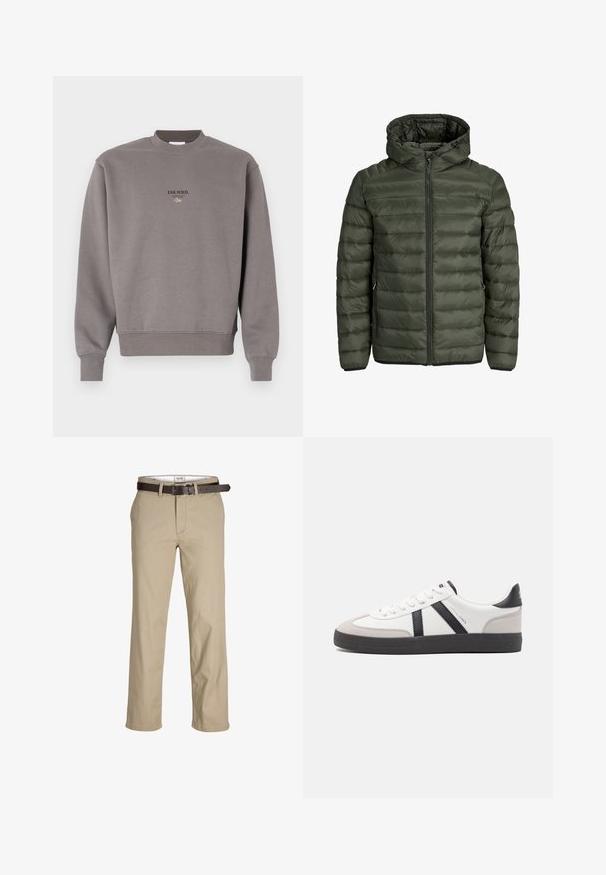 Olīvzaļā spilvenotā jaka ar kapuci, pilnu rāvējslēdzi un horizontālu kviltētu tekstūru. Divas sānu kabatas. Melna apakša un piedurknes.; Pelēks kokvilnas sv sweatshirt ar ribotām apkaklītēm un piedurknēm, ar tumšu tekstu "ESS.WRD." izdrukātu priekšā.; Beige kokvilnas bikses ar taisnu griezumu, ar jostu cilpiņām, brūnu ādas jostu un klasisku dizainu. Gluda, izturīga tekstūra.; Baltas sneakeris ar melniem un pelēkiem akcentiem, kuram ir teksturēts pelēks purngals, melna gumijas zole un plakanas baltas šņores. Tīrs dizains, minimālisma stils.