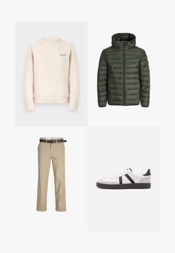 Veste rembourrée en vert olive, avec capuche, fermeture éclair intégrale et texture matelassée horizontale. Deux poches latérales. Ourlet et poignets noirs.; Sweatshirt beige avec un col rond, des manches longues, des poignets côtelés et "Club1990" brodé sur le devant dans une couleur sombre.; Pantalons en cotonbeige à coupe droite, avec passants de ceinture, une ceinture en cuir marron et un design classique. Texture lisse et robuste.; Baskets blanches avec des accents noirs et gris, présentant un embout texturé gris, une semelle en caoutchouc noir et des lacets plats blancs. Design épuré, style minimaliste.