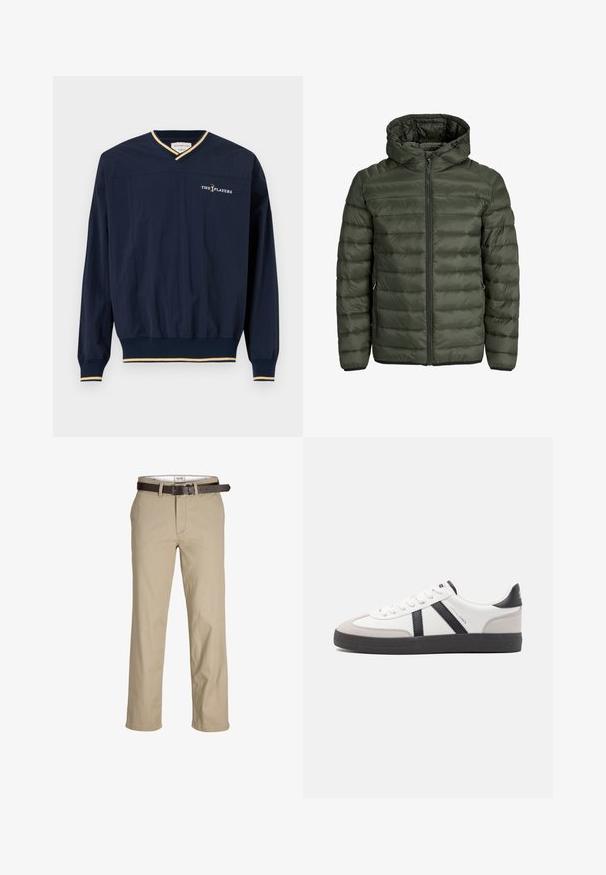 Padded jacket in olive green, featuring a hood, full zip closure, and horizontal quilted texture. Two side pockets. Black hem and cuffs.; Navy pullover with a V-neck, long sleeves, elastic hem, and gold-accented cuffs. Features "THE PLAYERS" embroidered on the chest.; Beige cotton trousers with a straight cut, featuring belt loops, a brown leather belt, and a classic design. Smooth, sturdy texture.; White sneaker with black and gray accents, featuring a textured gray toe cap, black rubber sole, and flat white laces. Clean design, minimalist style.