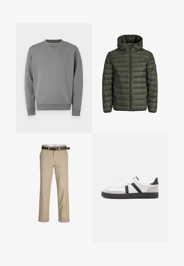 Giubbotto imbottito verde oliva, dotato di cappuccio, chiusura con zip intera e texture trapuntata orizzontale. Due tasche laterali. Orlo e polsini neri.; Felpa grigia con colletto a girocollo, polsini e orlo a coste. Presenta un dettaglio del logo discreto sul petto e una finitura in tessuto texturizzato.; Pantaloni in cotone beige con taglio dritto, dotati di passanti per cintura, una cintura in pelle marrone e un design classico. Texture liscia e resistente.; Sneaker bianco con accenti neri e grigi, dotata di una punta grigia testurizzata, suola in gomma nera e lacci bianchi piatti. Design pulito, stile minimalista.