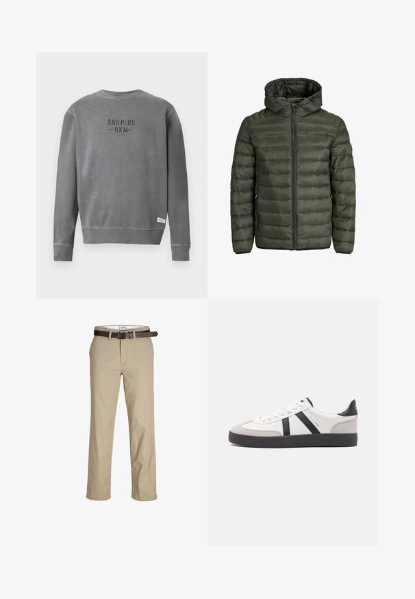 Olive roheline pehme jope, millel on kapuuts, täispikk tõmblukk ja horisontaalne viicitikand. Kaks küljetaskut. Must äär ja varrukad.; Hall koosvärvi pika varrukaga crewneck pluus, mille rinnal on musta värvi "SURPLUS DNM" tekst ja allääres väike valge silt.; Beige puuvillased püksid otse lõikega, vööloopide, pruuni nahavöö ja klassikalise disainiga. Sile, vastupidav tekstuur.; Valged tossud mustade ja hallide aktsentidega, tekstureeritud halli varbakattega, musta kummitald ja lamedad valged paelad. Puhtad jooned, minimalistlik stiil.