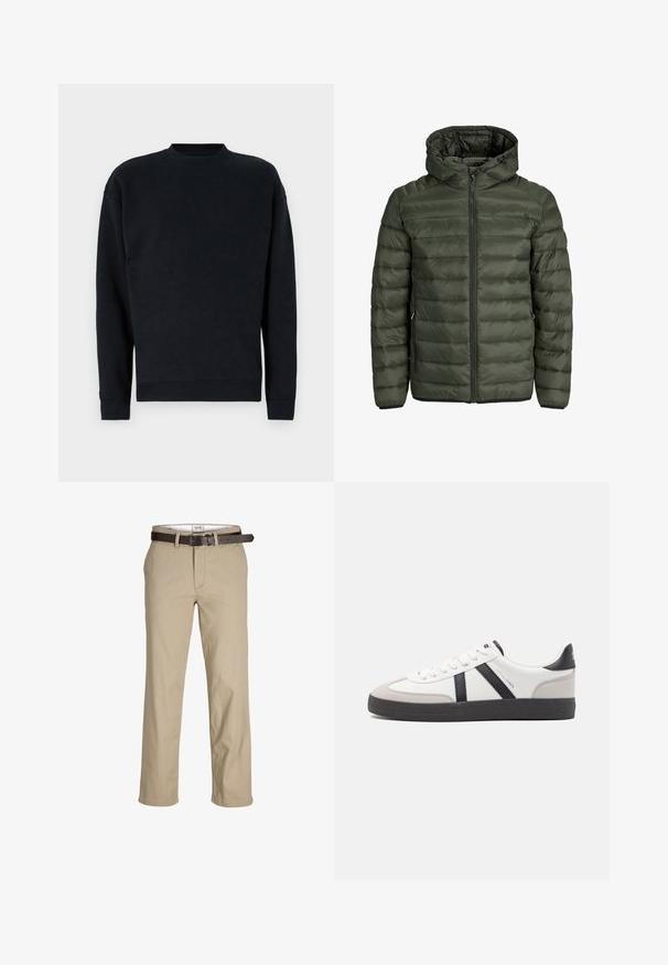 Padded bunda v olivově zelené barvě, s kapucí, plným zipem a horizontálně prošívaným vzorem. Dvě boční kapsy. Černý lem a manžety.; Denim Project JOHNNY CREW NECK - Mikina - black; Béžové bavlněné kalhoty s rovný střih, s poutky na pásek, hnědým koženým páskem a klasickým designem. Hladká, pevná textura.; Bílé tenisky s černými a šedými akcenty, opatřené texturovaným šedým prstovým krytem, černou gumovou podrážkou a plochými bílými tkaničkami. Čistý design, minimalistický styl.