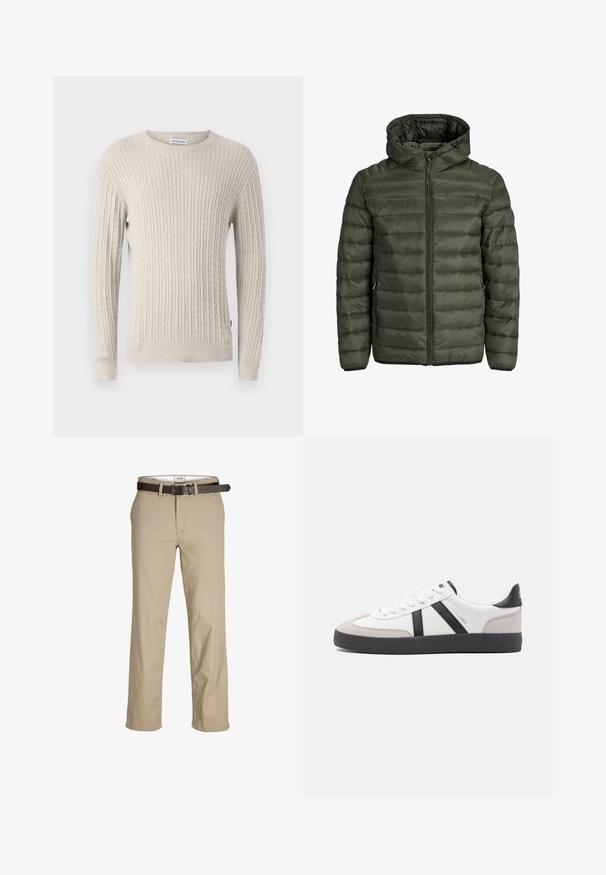 Olīvzaļā spilvenotā jaka ar kapuci, pilnu rāvējslēdzi un horizontālu kviltētu tekstūru. Divas sānu kabatas. Melna apakša un piedurknes.; Bēšs adīts džemperis ar ribotu tekstūru, apaļu kakla izgriezumu, garām piedurknēm un vienkāršu apakšmalu, ar mazu logotipa birku sānos.; Beige kokvilnas bikses ar taisnu griezumu, ar jostu cilpiņām, brūnu ādas jostu un klasisku dizainu. Gluda, izturīga tekstūra.; Baltas sneakeris ar melniem un pelēkiem akcentiem, kuram ir teksturēts pelēks purngals, melna gumijas zole un plakanas baltas šņores. Tīrs dizains, minimālisma stils.