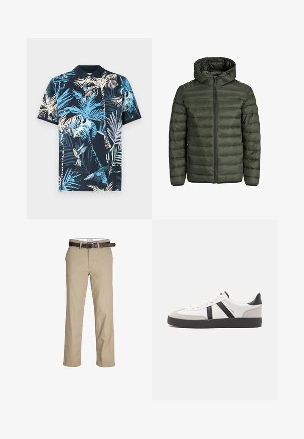 Olíva zöld párnázott kabát, kapucnival, teljes cipzárral és vízszintes steppelt textúrával. Két oldalsó zseb. Fekete szegély és mandzsetta.; Tengerészkék póló, színes trópusi mintával, pálmalevelekkel és madarakkal, puha pamut anyagból, klasszikus gallérral.; Beige pamut nadrág egyenes szabással, övhurkokkal, barna bőr övvel és klasszikus dizájnnal. Simább, strapabíró textúra.; Fehér sneaker fekete és szürke részletekkel, textúrált szürke orr résszel, fekete gumitalppal és lapos fehér fűzőkkel. Tiszta dizájn, minimalista stílus.