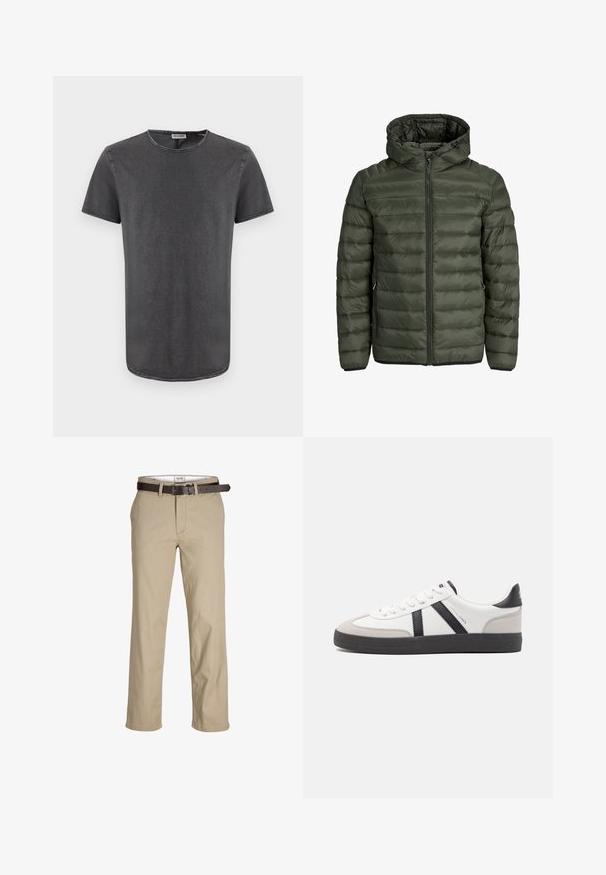 Padded jacket in olive green, featuring a hood, full zip closure, and horizontal quilted texture. Two side pockets. Black hem and cuffs.; Gray short-sleeve t-shirt with a round neck, made of soft fabric, featuring a slightly curved hem and visible stitching details.; Beige cotton trousers with a straight cut, featuring belt loops, a brown leather belt, and a classic design. Smooth, sturdy texture.; White sneaker with black and gray accents, featuring a textured gray toe cap, black rubber sole, and flat white laces. Clean design, minimalist style.