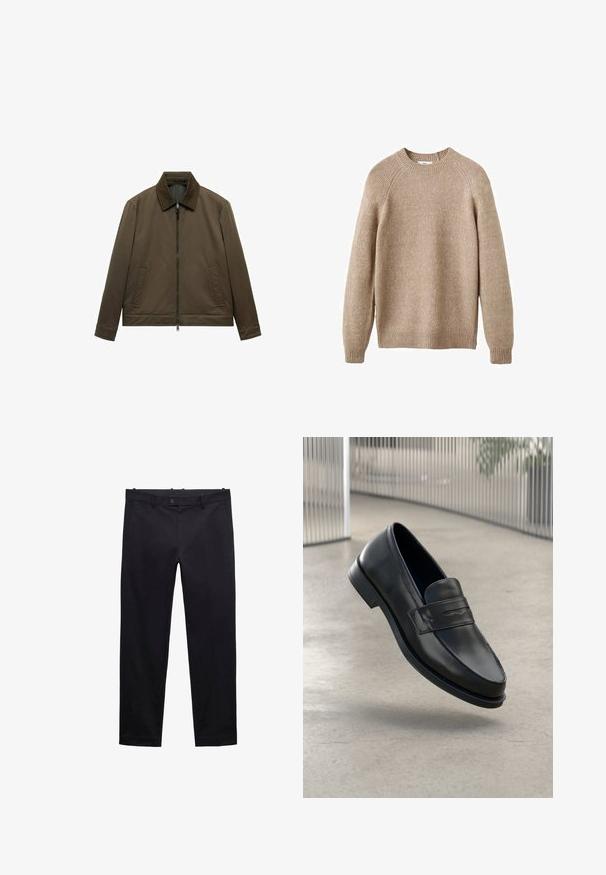 Veste vert olive à la texture lisse et mate. Elle dispose d'une fermeture éclair, d'un col et de deux poches avant. Design simple et droit.; Pull en tricot beige avec un col rond, des poignets et un ourlet côtelés. Présente une finition texturée et des manches raglan. Coupe classique.; Pantalon noir en tissu léger. Avec des jambes droites, des passants de ceinture, une fermeture à bouton et des poches. Texture lisse sans motifs.; Mocassin en cuir noir à texture lisse, bout pointu et bande décorative sur le cou-de-pied. Semelle légère, design minimaliste.