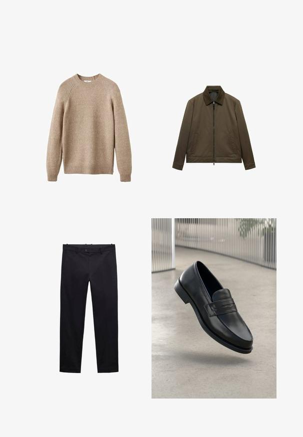 Oliwkowa kurtka o gładkiej, matowej strukturze. Posiada zamek błyskawiczny, kołnierz oraz dwie przednie kieszenie. Prosty, prosty krój.; Beżowy sweter dzianinowy z okrągłym dekoltem, prążkowanymi mankietami i dołem. Posiada strukturalne wykończenie oraz rękawy raglanowe. Klasyczny krój.; Czarne spodnie wykonane z lekkiego materiału. Cechują się prostymi nogawkami, paskami, zapięciem na guzik i kieszeniami. Gładka tekstura bez wzorów.; Czarna skórzana wsuwana półbut, o gładkiej fakturze, spiczastym nosku i ozdobnym paskiem na podbiciu. Lekka podeszwa, minimalistyczny design.