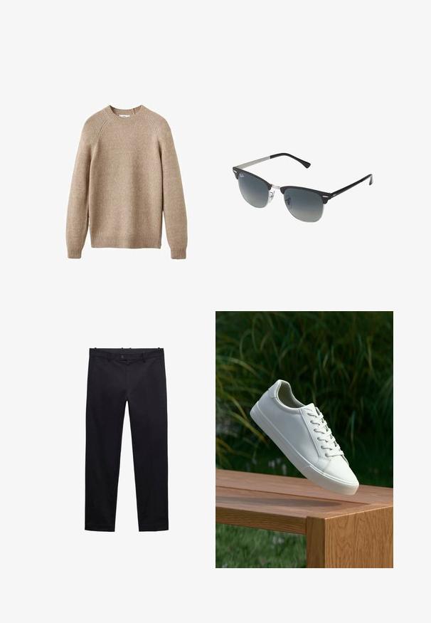 Olivno zelena jakna z gladko, mat teksturo. Ima zarezo za zapiranje, ovratnik in dva sprednja žepa. Preprost, ravno krojen dizajn.; Bež pulover iz pletene preje s krojnim ovratnikom, rebrastimi manžetami in robom. Ima teksturirano površino in raglan rokave. Klasičen kroj.; Črne hlače iz lahkega materiala. Imajo ravne hlačnice, zanke za pas, gumbno zapiranje in žepe. Gladko teksturo brez vzorcev.; Beli vezani športni čevlji, ki lebde nad leseno klopjo z zelenim rastlinjem v ozadju, prikazujejo obliko in teksturo čevlja.; Črne in srebrne sončna očala v obliki mačjih oči, z gradientnimi lečami in kovinskimi dodatki na okvirju. Plastične ročke s sivimi konicami.