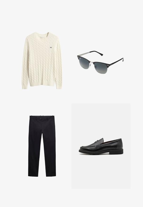 Olivově zelená bunda s hladkým, matným povrchem. Má zipové zapínání, límec a dvě přední kapsy. Jednoduchý, rovný střih.; Krémový svetr s copánkovým vzorem, žebrovaným kulatým výstřihem a lemem. Na hrudi malá modrá výšivka loga. Jemná, texturovaná tkanina.; Černé kalhoty vyrobené z lehké látky. Mají rovné nohavice, poutka na opasek, zapínání na knoflík a kapsy. Hladká textura bez vzorů.; Černé syntetické mokasíny s výrazně prošívanou špicí, měkkou stélkou a plochou gumovou podrážkou; elegantní design s minimálním zdobením.; Černé a stříbrné sluneční brýle ve tvaru kočičích očí, se stupňovitými skly a kovovými detaily na rámu. Plastové nožičky s šedými konci.