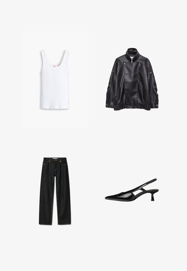 Crna kožna biker jakna s visokim ovratnikom, asimetričnim prednjim zatvaračem, detaljima na gumb, bočnim džepovima i podesivim remenom na rubu.; Bijela pamučna majica bez rukava s širokim naramenicama, zaobljenim izrezom i ravnim rubom. Ima malu crvenu oznaku logotipa na donjem lijevom dijelu.; Tamno plave traperice ravnog kroja, s mramornim zatvaračem od mesinga i kontrastnim žutim šavovima. Ima pet džepova i klasičan kroj.; Crne lakirane natikače na remenčić sa špicastim nosom, dizajnom sa izrezima sa strane i malim kvadratnim potplatom. Glatka tekstura s minimalnim akcentima.