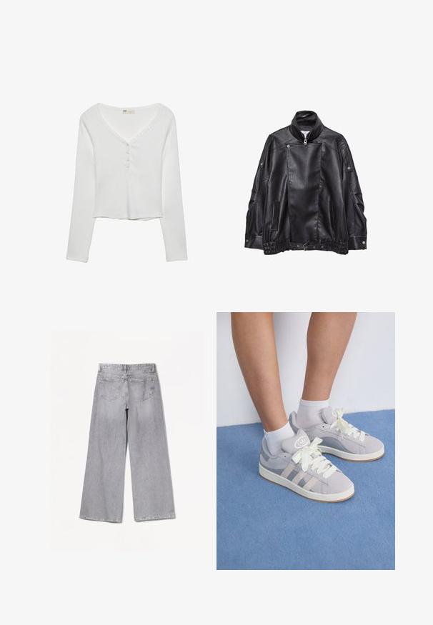 Zwart leren motorjack met hoge kraag, asymmetrische ritssluiting aan de voorkant, drukknoopdetails, zijzakken en een verstelbare riem aan de onderkant.; Witte lange mouw top met een V-hals, voorzien van knoopdetails en een geribbelde textuur, ontworpen voor een casual pasvorm.; Bershka WIDE-LEG - Wide leg - grey; Grijze suède sneakers met witte veters en rubberen zool, met drie diagonale strepen aan de zijkant en een logo patch op de tong.