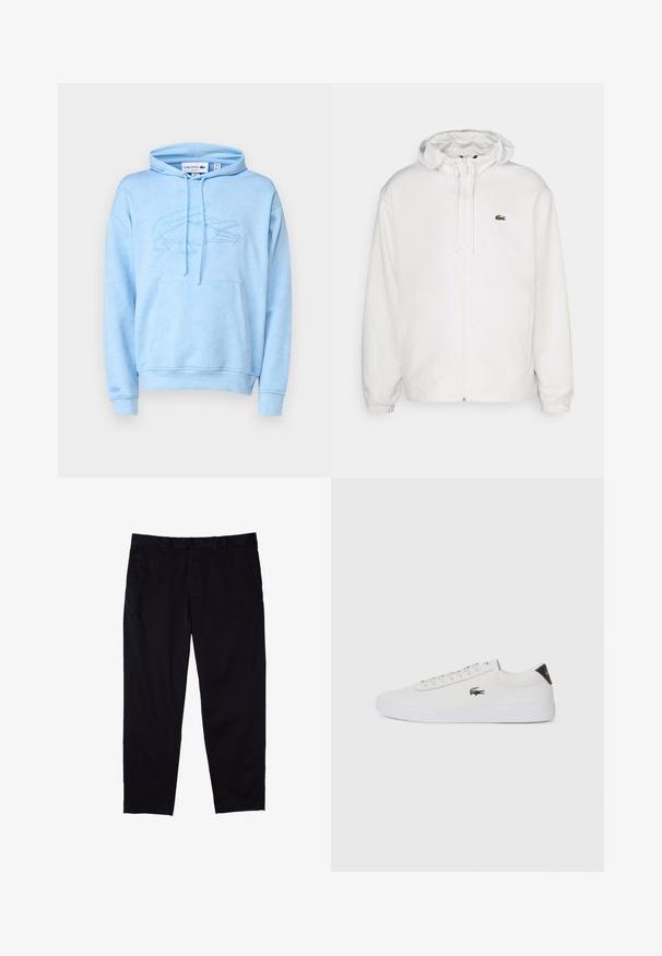 Chaqueta blanca con cremallera y capucha, con puños elásticos y cordones. Presenta un pequeño logotipo verde de Lacoste en el lado izquierdo del pecho. Textura suave.; Lacoste Sudadera - overview; Pantalones negros de algodón con diseño de pierna recta, que cuentan con cierre de botón, bolsillos laterales y una textura suave.; Zapatilla de cuero blanca con punta redonda, parte frontal con cordones y acento negro en el talón. Presenta un pequeño logo de cocodrilo bordado en el lateral.
