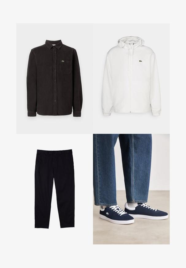 Chaqueta blanca con cremallera y capucha, con puños elásticos y cordones. Presenta un pequeño logotipo verde de Lacoste en el lado izquierdo del pecho. Textura suave.; Camisa de pana negra con mangas largas, cuello abotonado, bolsillo frontal y pequeño logo verde en la parte superior izquierda.; Pantalones negros de algodón con diseño de pierna recta, que cuentan con cierre de botón, bolsillos laterales y una textura suave.; Zapatillas de lona azules con cordones blancos y suelas de goma, mostradas con pantalones de mezclilla y calcetines de canalé grises, sobre una superficie gris claro.