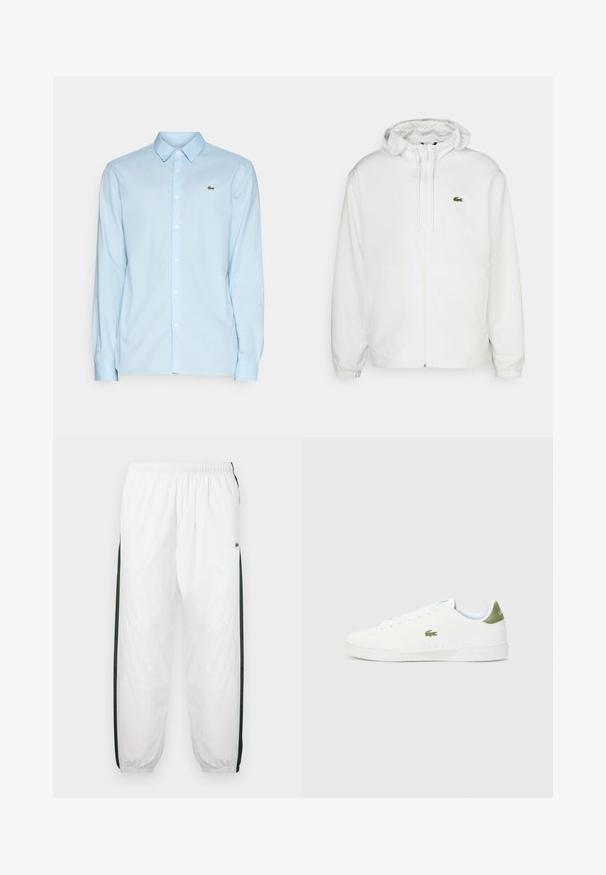 Chaqueta blanca con cremallera y capucha, con puños elásticos y cordones. Presenta un pequeño logotipo verde de Lacoste en el lado izquierdo del pecho. Textura suave.; Camisa de manga larga azul claro hecha de una tela suave, con un cuello clásico, cierre frontal de botones y un pequeño logo verde en el pecho.; Pantalones de chándal blancos con paneles laterales de color verde oscuro. Material ligero, cinturilla elástica y dobladillos con puños. Presenta textura de malla en los paneles laterales.; Zapatillas blancas con una textura suave, que presentan un acento verde en el talón y un pequeño logo de cocodrilo bordado en el lateral.