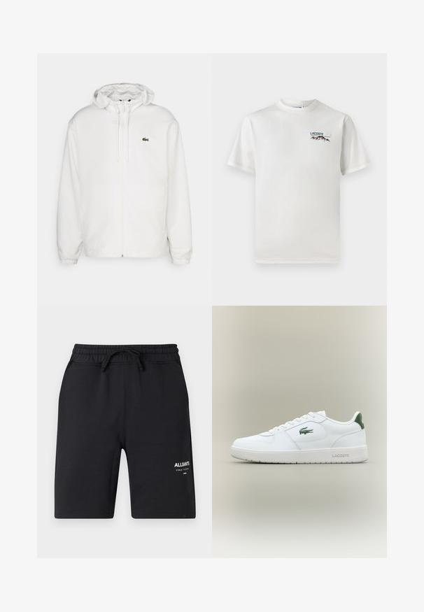 Chaqueta blanca con cremallera y capucha, con puños elásticos y cordones. Presenta un pequeño logotipo verde de Lacoste en el lado izquierdo del pecho. Textura suave.; Camiseta de algodón blanca con cuello redondo, mangas cortas y un pequeño logotipo bordado que presenta montañas y texto en el lado izquierdo del pecho.; Pantalones cortos de algodón negros con cinturilla elástica, cordón y detalles de logotipo en blanco. Textura suave y diseño de largo hasta la rodilla.; Zapatilla de cuero blanca con un acabado suave, acentos verdes en el talón y un logotipo verde en el lateral. Presenta una suela plana y una puntera redonda.