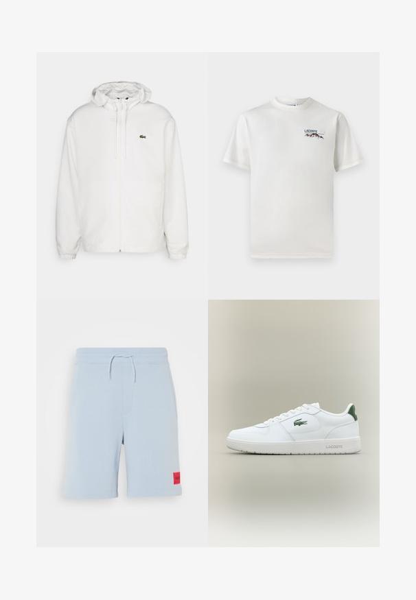 Chaqueta blanca con cremallera y capucha, con puños elásticos y cordones. Presenta un pequeño logotipo verde de Lacoste en el lado izquierdo del pecho. Textura suave.; Camiseta de algodón blanca con cuello redondo, mangas cortas y un pequeño logotipo bordado que presenta montañas y texto en el lado izquierdo del pecho.; Pantalones cortos de algodón de color azul claro con cintura elástica y cordón, que presentan una etiqueta de parche roja en el lado izquierdo. Textura suave.; Zapatilla de cuero blanca con un acabado suave, acentos verdes en el talón y un logotipo verde en el lateral. Presenta una suela plana y una puntera redonda.