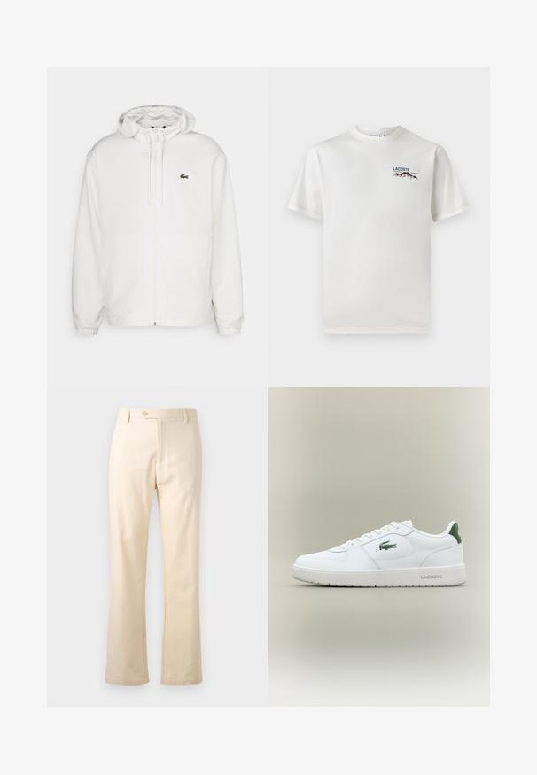 Chaqueta blanca con cremallera y capucha, con puños elásticos y cordones. Presenta un pequeño logotipo verde de Lacoste en el lado izquierdo del pecho. Textura suave.; Camiseta de algodón blanca con cuello redondo, mangas cortas y un pequeño logotipo bordado que presenta montañas y texto en el lado izquierdo del pecho.; Pantalones de algodón beige con un ajuste recto, cierre de cremallera y botón. Diseño limpio sin patrones visibles ni acentos de hardware.; Zapatilla de cuero blanca con un acabado suave, acentos verdes en el talón y un logotipo verde en el lateral. Presenta una suela plana y una puntera redonda.