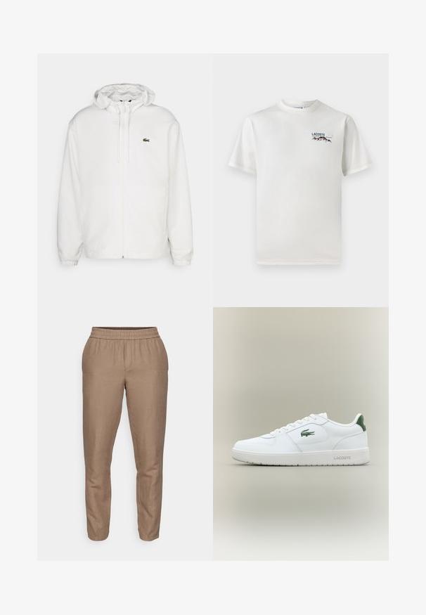 Chaqueta blanca con cremallera y capucha, con puños elásticos y cordones. Presenta un pequeño logotipo verde de Lacoste en el lado izquierdo del pecho. Textura suave.; Camiseta de algodón blanca con cuello redondo, mangas cortas y un pequeño logotipo bordado que presenta montañas y texto en el lado izquierdo del pecho.; Pantalones de lino marrón, ligeros, con una cinturilla elástica, diseño de pierna ajustada y una textura suave. Sin bolsillos visibles ni adornos.; Zapatilla de cuero blanca con un acabado suave, acentos verdes en el talón y un logotipo verde en el lateral. Presenta una suela plana y una puntera redonda.