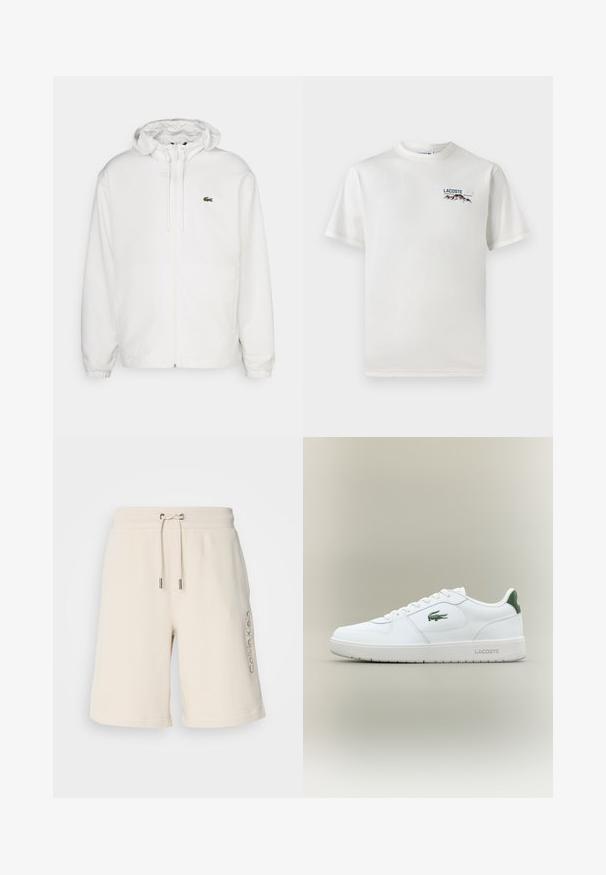 Chaqueta blanca con cremallera y capucha, con puños elásticos y cordones. Presenta un pequeño logotipo verde de Lacoste en el lado izquierdo del pecho. Textura suave.; Camiseta de algodón blanca con cuello redondo, mangas cortas y un pequeño logotipo bordado que presenta montañas y texto en el lado izquierdo del pecho.; Bermudas de mezcla de algodón beige con cintura elástica y cordón, bolsillos laterales y el logo bordado de "Calvin Klein" en la pierna izquierda.; Zapatilla de cuero blanca con un acabado suave, acentos verdes en el talón y un logotipo verde en el lateral. Presenta una suela plana y una puntera redonda.