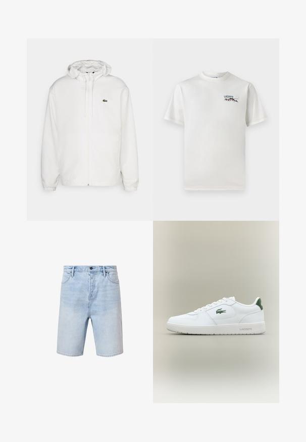 Chaqueta blanca con cremallera y capucha, con puños elásticos y cordones. Presenta un pequeño logotipo verde de Lacoste en el lado izquierdo del pecho. Textura suave.; Camiseta de algodón blanca con cuello redondo, mangas cortas y un pequeño logotipo bordado que presenta montañas y texto en el lado izquierdo del pecho.; Pantalones cortos de mezclilla azul claro con un ajuste regular, diseño de cinco bolsillos y cierre de botón. Presentan un ligero desvanecimiento y dobladillo cosido.; Zapatilla de cuero blanca con un acabado suave, acentos verdes en el talón y un logotipo verde en el lateral. Presenta una suela plana y una puntera redonda.