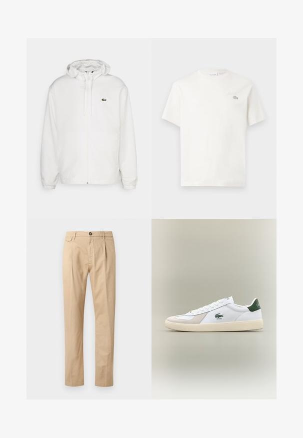 Chaqueta blanca con cremallera y capucha, con puños elásticos y cordones. Presenta un pequeño logotipo verde de Lacoste en el lado izquierdo del pecho. Textura suave.; Camiseta blanca de algodón con mangas cortas, que presenta un sutil logo bordado y un diseño minimalista. Textura suave, escote de cuello redondo.; Pantalones beige de algodón de pierna recta para hombre con bolsillos frontales, pasadores para cinturón, cierre de botón y cremallera, sobre un fondo blanco.; Zapatilla blanca con acentos verdes, materiales de ante y cuero, punta redondeada, suela texturizada y logotipo bordado en el lateral y en la lengüeta.