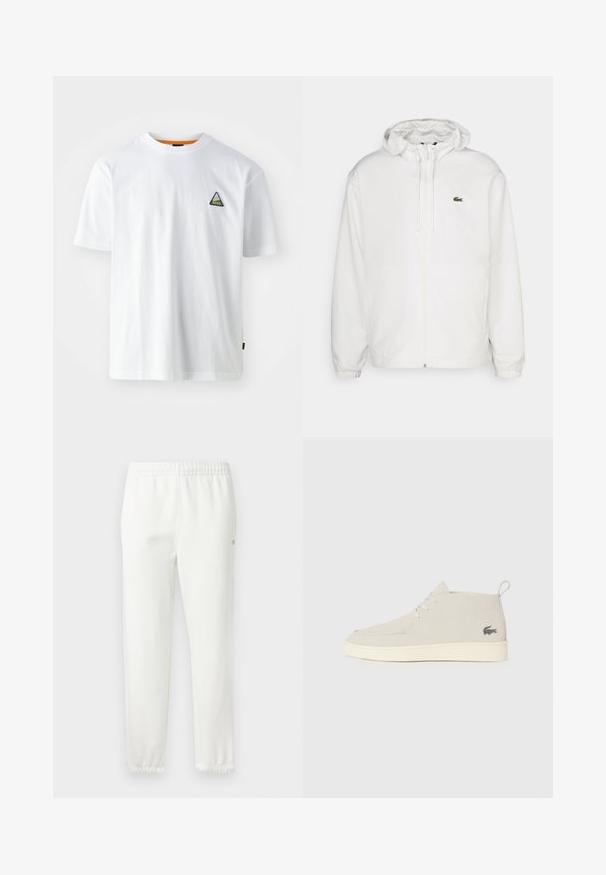 Chaqueta blanca con cremallera y capucha, con puños elásticos y cordones. Presenta un pequeño logotipo verde de Lacoste en el lado izquierdo del pecho. Textura suave.; Camiseta blanca de algodón con cuello redondo, mangas cortas y un logo bordado triangular en verde y negro en el lado izquierdo del pecho.; Pantalones de chándal blancos de algodón con cintura elástica y piernas ajustadas. Presenta un pequeño detalle de logo en el lateral. Textura suave, diseño minimalista.; Botas de tobillo de ante gris claro con punta redonda, suela de goma blanca y un sutil detalle de logo en el costado. Presenta cierre con cordones.