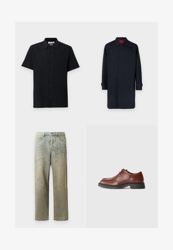 Laivastonsininen takki, suoralahkeinen, napillinen ja käärityillä hihoilla. Valmistettu sileästä kankaasta, klassisella kauluksella.; Beige turtleneck-neule, joka on valmistettu pehmeästä neulosmateriaalista. Ominaisuuksiin kuuluvat pitkät hihat ja tiukka muotoilu. Ribperoitu helma ja kauluskoristeet.; Musta lyhythihainen paita, jossa on kuvioitu pystyraitakuvio, napillinen etuosan sulku ja klassinen kaulus sekä rento istuvuus.; Vaaleanvihreät kulutetut farkut suoran lahkeen, viiden taskun muotoilun ja epätasaisen haalistumisen sekä maalikohoumiin kanssa.; Ruske nahkasaapad ümmarguse varbaga, kontrastsete õmblustega, nööriga sulgemisega disain ja tekstuuriga must kummist tallaga.