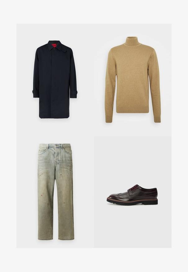 Marineblauer Mantel mit geradem Schnitt, Knopfverschluss und hochgekrempelten Ärmeln. Hergestellt aus glattem Stoff mit klassischem Kragen.; Beiger Rollkragenpullover aus weichem Strickstoff. Mit langen Ärmeln und taillierter Passform. Gerippter Saum und Kragenakzente.; Distressed Denim-Jeans in Hellgrün, mit geradem Bein, Fünf-Taschen-Design und ungleichmäßiger Ausbleichung sowie Farbspritzern.; Braune Leder-Brogues mit durchbrochener Verzierung, runder Zehenform, textile Akzenten und einer schwarzen Gummisohle mit farbigem Rand.