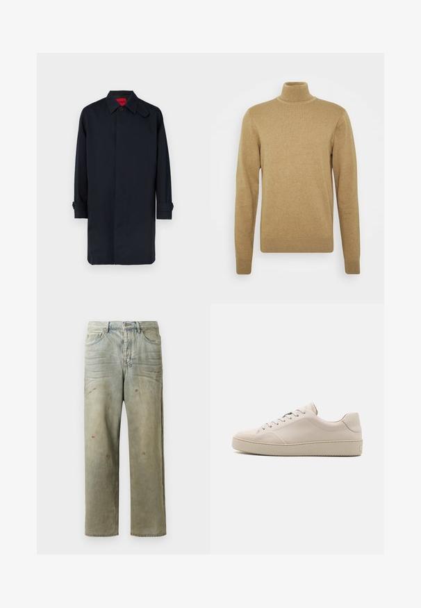 Tengerészkék kabát egyenes szabással, gombos záródással és felhajtott ujjakkal. Sima anyagból készült, klasszikus gallér kialakítással.; Barna alapon készült, puha kötöttanyagú garbó pulóver. Hosszú ujjakkal és testhezálló fazonnal rendelkezik. Szegett szegély és gallér díszítéssel.; Fakó zöld, kopott farmerszadrág, egyenes lábbal, ötk zsebes kialakítással, egyenetlen kopással és festékcseppekkel.; Beige bőr sportcipők sima felülettel, kerek orral, lapos talppal és klasszikus fűzős dizájnnal. Diszkrét varrások és strukturált talp.